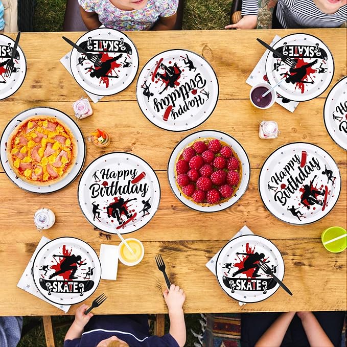 96 Pcs Skateboard Birthday Party Supplies Skate Plates and Napkins Disposable Skateboard Sports Theme Tableware Set for Skater Birthday Baby Shower Party Decorations Serves 24