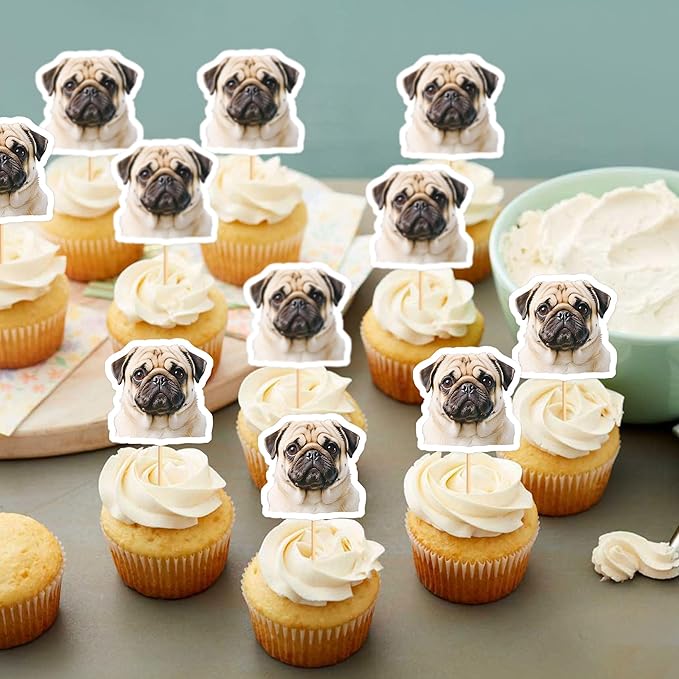 Ercadio 24 Pcs Pet Dog Puppy Cupcake Toppers Dog Themed Birthday Party Supplies Cute Pugs Puppy Birthday Party Baby Shower Party Cake Decorations