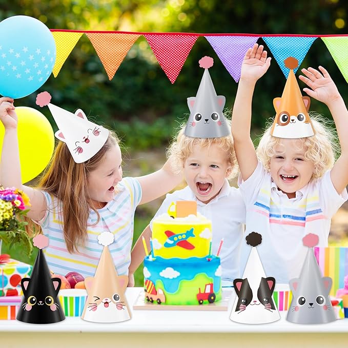 24 PCS Cat Birthday Party Decoration for Kids Cute Kitten Themed Party Cone Hats Cat Theme Cone Hats Kids Birthday Headwear for Boys and Girls Cosplay Dress Up Kitten Themed Supplies，6 Designs