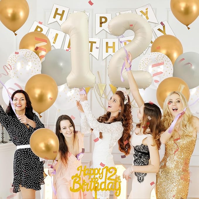 White Gold Birthday Decorations, 12th Happy Birthday Party Decorations With Cream White Number 12 Balloons Beige Latex Balloons Banner Champagne Fringe Curtain Cake Topper For 12th Party Supplies