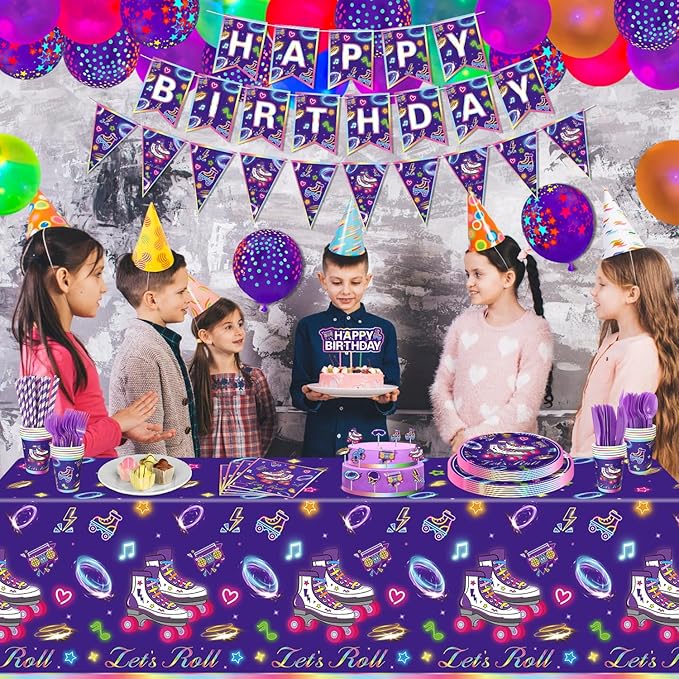 199 Pack Roller Skating Party Supplies Roll Theme Birthday Decoration Roller Skate Birthday Party Tableware Set Let's Roll Birthday Party Packs Serves 20, Purple