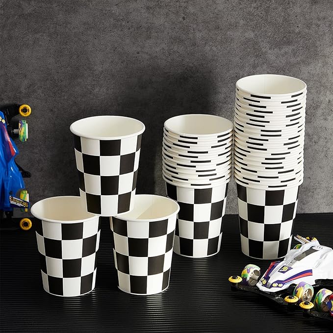 Cunhill 36 Pieces Checkered 9 oz Paper Flag Race Car Cups Party Supplies Black and White Cups Bulk Disposable Beverage for Checkered Themed Birthday Party Decorations