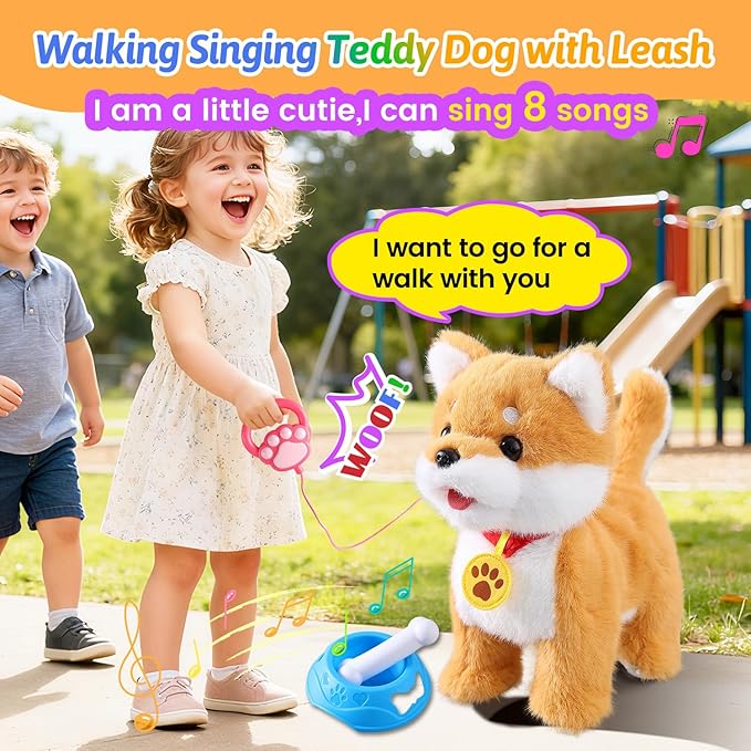 Walking Barking Singing Corgi Puppy Toy, Repeats What You Say, Realistic Licking Tongue Wagging Tail Mechanical Dog with Touch or Voice Control, Interactive Music Dancing Plush Pet for Kids