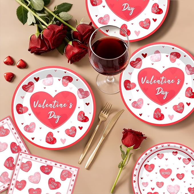 Valentine's Day Party Supplies Tableware Set Red Heart Love Paper Plates Napkins Cups Tablecloth Garlands Banner for Valentine's Day Party Decorations, Serves 24
