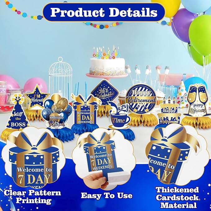 10 Pcs Retirement Party Decorations, Blue Gold Retirement Table Honeycomb Centerpieces Happy Retirement Table Topper for Men Women Happy Retirement Decorations for Party Supplies