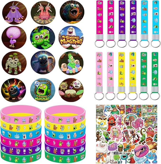 Monster Party Favors Monster Party Supplies Include 12 Bracelets-50 Stickers-12 Button Pins-12 Keychain for Monster Party Decorations…