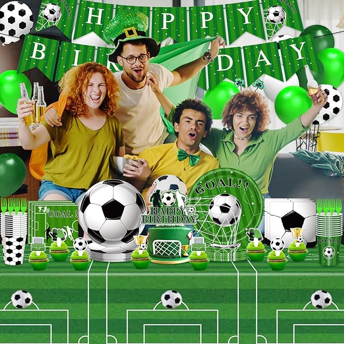 Soccer Party Decorations, 143Pcs Soccer Birthday Party Supplies-Serves 24 with Plates and Napkins Tablecloth and Birthday Banner Balloons for Soccers Sports Theme Birthdays Decorations