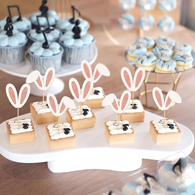 Ercadio 24Pcs Easter Bunny Ear Cupcake Toppers Glitter Rose Gold Rabbit Ears Cupcake Picks Easter Bunny Cupcake Toppers for Rabbit Kids Birthday Baby Shower Easter Wedding Anniversary Party Supplies