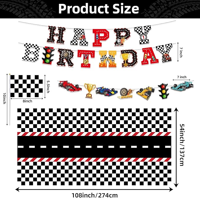 Race Car Party Decor Kit - Happy Birthday Banner, Tablecloths for Race Car Birthday or Baby Shower - 54 x 108 Inch