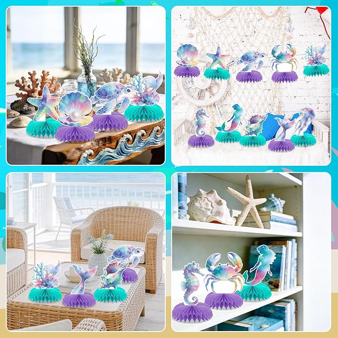 10 PCS Ocean Party Decorations 3D Mermaids Honeycomb Centerpieces for Table Mermaid Table Topper Decor for Ocean Under the Sea Theme Birthday Baby Shower Party Favors