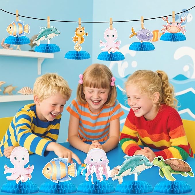 9 Pcs Ocean Animal Table Honeycomb Centerpieces, Ocean Theme Happy Birthday Party Decorations for Boys Girls Baby Shower, Standing Card Party Decor Party Supplies
