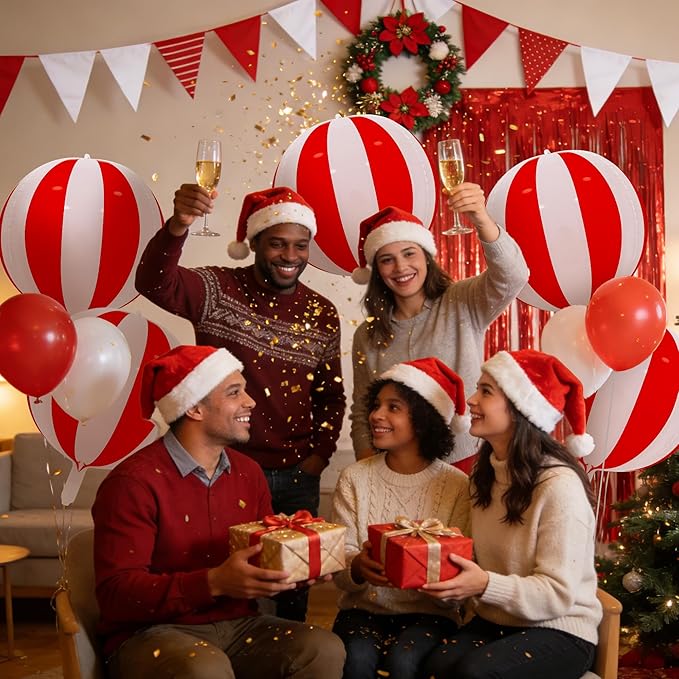 TONIFUL 8Pcs 22Inch Large Red White 4D Giant Round Foil Balloon 4D Metallic Mylar Sephere Balloons for Christmas New Year Birthday Party Graduation Wedding Bridal Shower Decoration Supplies