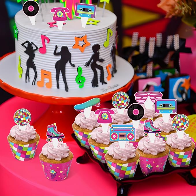 48 Pack Retro Cupcake Toppers and Wrappers, Retro Neon Party Cake Decoration for 80s 90s Theme Birthday Party Baby Shower Supplies