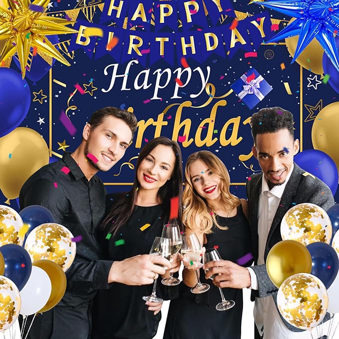 Gold and Blue Birthday Decorations for Men Boys Women Girls, 80pcs Blue and Gold Party Decorations Happy Birthday Backdrop Banner White Confetti Star Balloons Arch Tablecloth Party Supplies