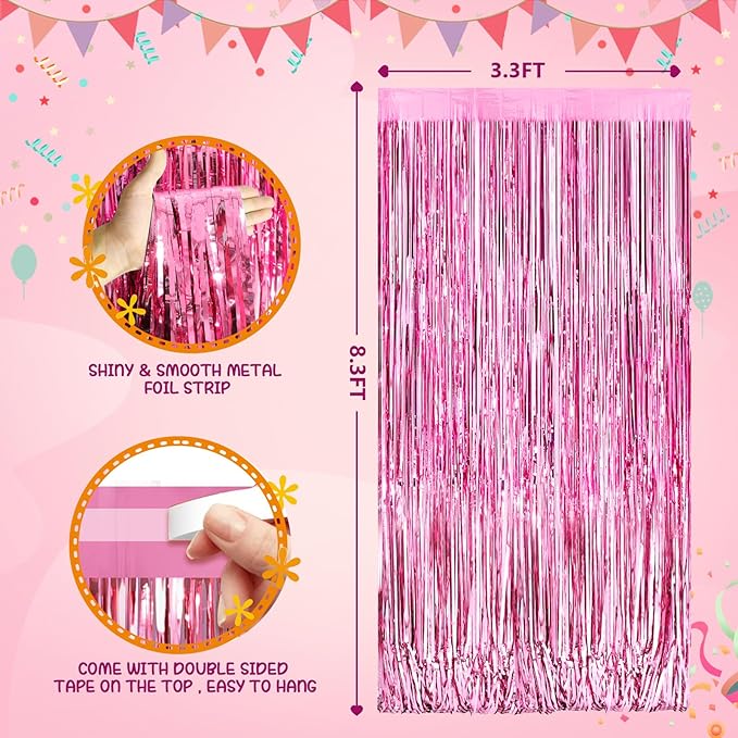 Pink Metallic Tinsel Foil Fringe Curtains Backdrop 2Pack 3.3x8.3Ft Pink Party Streamers for Birthday Party Decorations Halloween Christmas Decors Foil Curtain Backdrop for Bachelorette Wedding