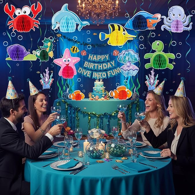 WILLBOND 12 Pieces Under The Sea Honeycomb Centerpiece Ocean Themed Party Table Decoration Ocean Animal Fish Creature Mermaid for Birthday Beach Shower Party Supplies