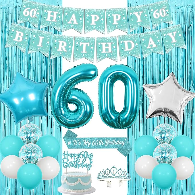 Funmemoir Teal 60th Birthday Decorations for Women - Happy 60th Birthday Banner Sash Tiara Foil Balloons Foil Fringe Backdrop and Cake Topper, Teal Blue 60 Years Old Party Supplies