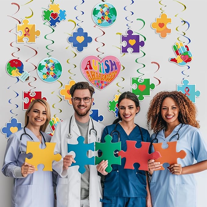38pcs Autism Awareness Hanging Swirl Decorations, Autism Awareness Puzzle Piece Hanging Swirls for Home Party Wall Decoration, April Festival Party Supplies