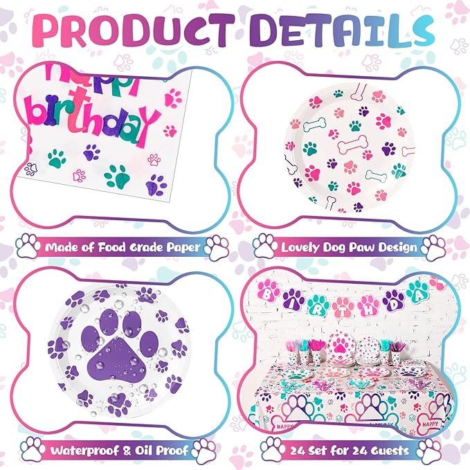 Gejoy 96pcs Dog Birthday Party Decorations Set Include Dog Print Plates Knives Forks Spoons Napkins Puppy Paw Tableware for Puppy Theme Party Supplies Kit(Sweet Color)
