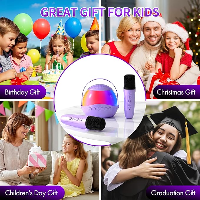 Mini Karaoke Machine Gifts for Kids Adults, Portable Karaoke Speaker with 2 Wireless Microphones, Kids Microphone with Speaker and LED Light, Birthday Gifts for Girls Boys 3-12+ Year Old (Purple)