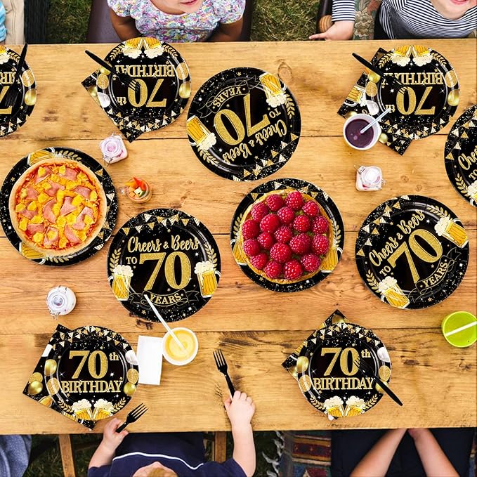 96Pcs 70th Birthday Party Supplies Black Gold Plates and Napkins Tableware Sets Cheers and Beers to 70 Years Decorations Favors for Men Women 70 Years Old Birthday Dinner Holiday Party Serves 24