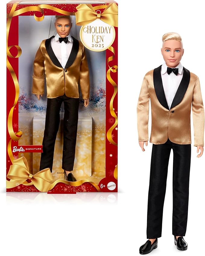 Barbie Signature 2025 Holiday Blonde Ken Collectible Fashion Doll Wearing Full Suit with Golden Jacket in Displayable Packaging & Doll Stand