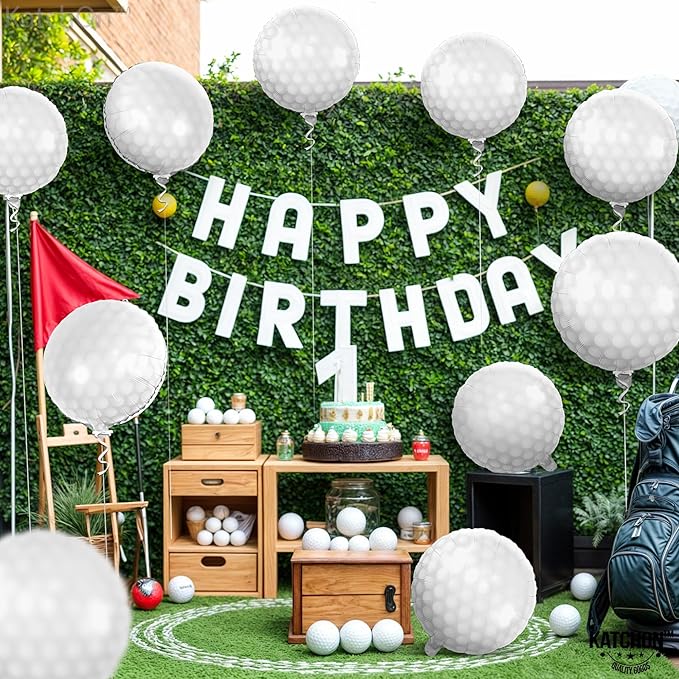 KatchOn, White Foil Golf Balloons - 18 Inch, Pack of 10 | Golf Balloons for Golf Themed Party Decorations, Foil Mylar Golf Ball Balloons For Birthday, Golf Ball Party Balloons for Hole in One Decor