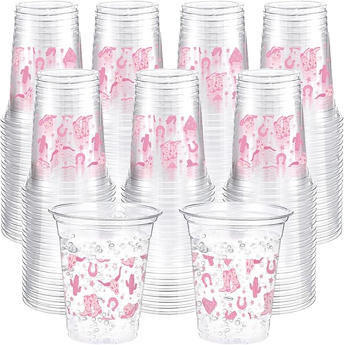 100 Pcs Western Plastic Cups 12 oz Clear Disposable Plastic Cowboy Cowgirl Drinking Cups Bulk for Boho Preppy Baby Shower Birthday Wild West Party Decoration Supplies(Western Cowgirl,Pink)