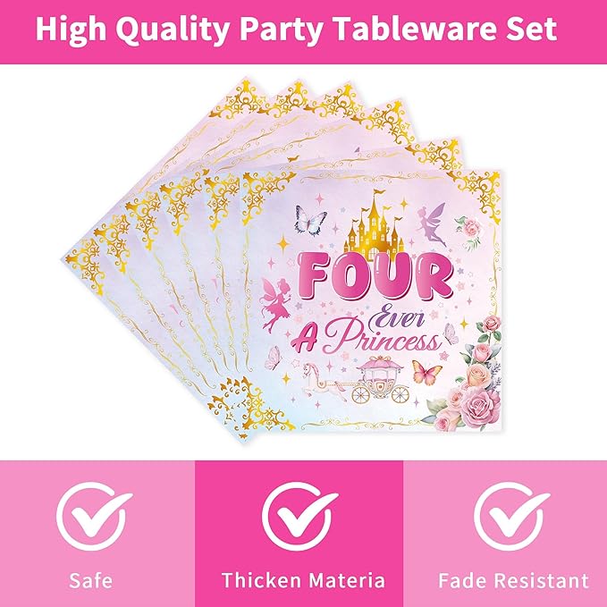 96Pcs Princess Party Plates & Napkins, Four Ever a Princess Birthday Party Tableware Set, Pink Disposable Plates, Forks, 4th Birthday Dinnerware Napkins for 24 Guests