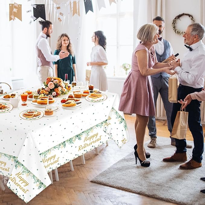 3Pcs Sage Green Retirement Party Supplies Greenery Happy Retirement Party Tablecloths Gold Green Going Away Parties Decorations Table Covers for Men Women Coworker Goodbye Parties Favors 107 x 54 Inch