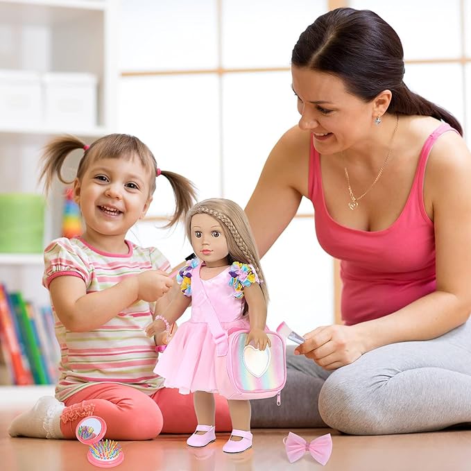American 18 Inch Doll Clothes and Accessories Makeup Playset Including Fashion Skirt, Bag, Eye Shadow Plate, Lipstick, Comb Mirror, Pair of Hairpins, Makeup Brushes, Bracelet（NO Dolls）