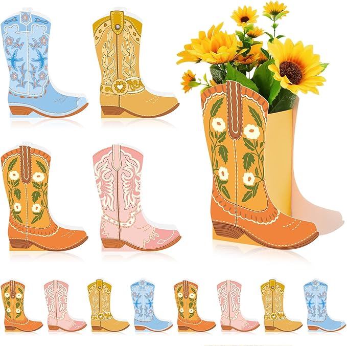 12 Set Boho Western Boots Flower Boxes Centerpiece Boot Shape Gift Boxes Party Decoration Vase Centerpieces for Tables Boots Rodeo Birthday Baby Shower Supplies(Cute Cowboy)