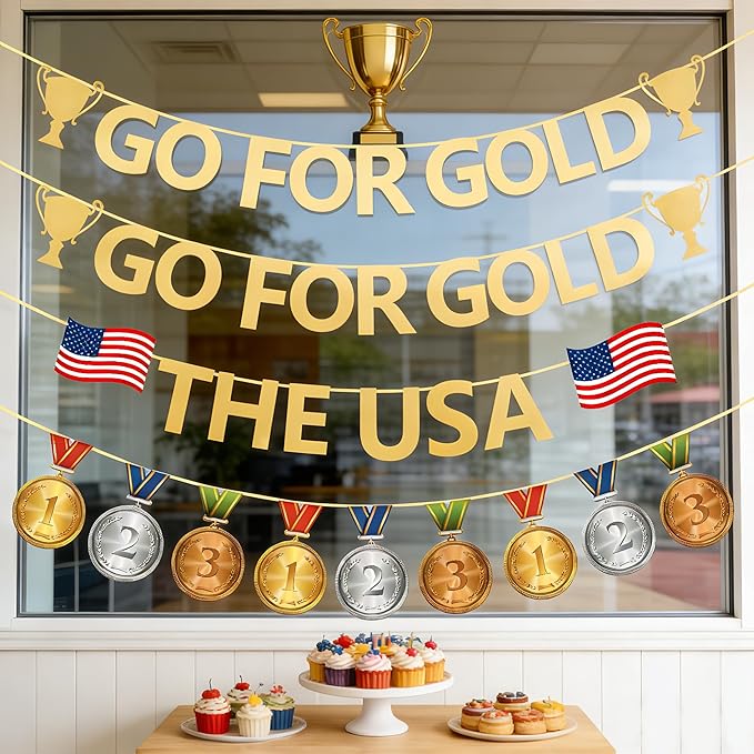 Sports Competition Party Decorations | Glitter Go for Gold Banners | for Olympic Themed Bulletin Board Athlete Competition Game Party Decor Supplies
