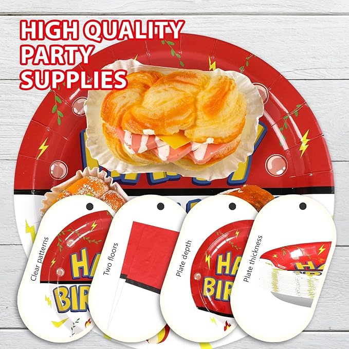 Grencian 200Pcs Happy Birthday Party Supplies Cartoon Anime Paper Plates and Napkins Tableware Sets Red and White Yellow Lightning Decoration for Birthday Cartoon Fun Kids Children Party Serves 50
