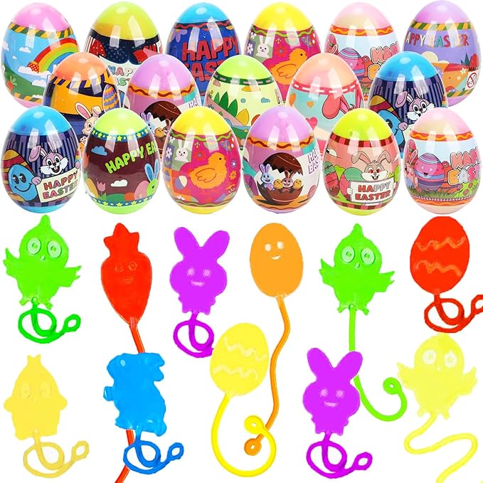 Easter Eggs Filled with Sticky Hands –24 Pack Pre-Filled Easter Eggs with 24 Assorted Sticky Hands Toys, Easter Basket Stuffers for Kids, Party Favors