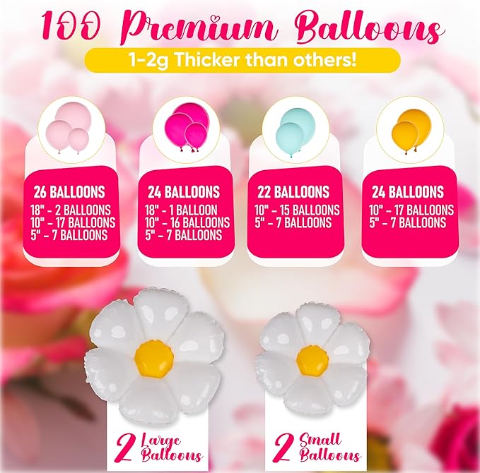 ALL-IN-1 Daisy Balloons Garland Kit & Arch with BONUS Daisies – Small and Large Pastel Pink Green Yellow Two Groovy Balloons – Daisy Party Decorations for Birthday or Baby Shower – Hippie Retro Floral