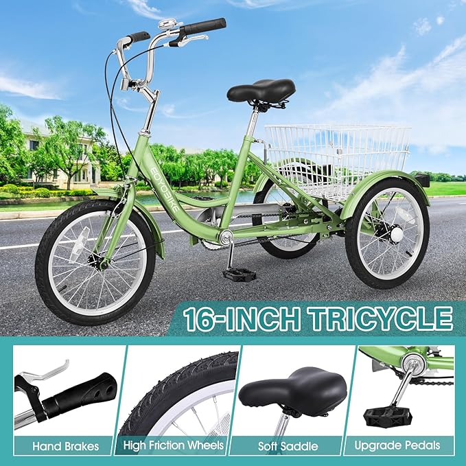 MOPHOTO 16 Inch Small Tricycle for Beginner Riders, Low Step-Through 3 Wheel Bike, Single Speed Trike with Hand Brakes, Adjustable Seat and Rear Basket, Fits Heights 3'9" to 4'9"
