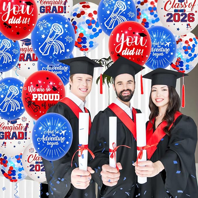 75Pcs Red and Blue Graduation Balloons Decorations Class of 2026 Graduation Party Supplies with Grad Balloon Ribbons for Grad Party Decoration