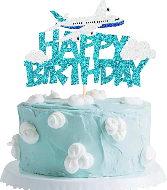 1 Pack Airplane Birthday Cake Topper Blue Airplane Happy Birthday Cake Pick Decoration for Plane Travel Airman Theme birthday baby shower Boys Girls Kids Cake Decorations Supplies