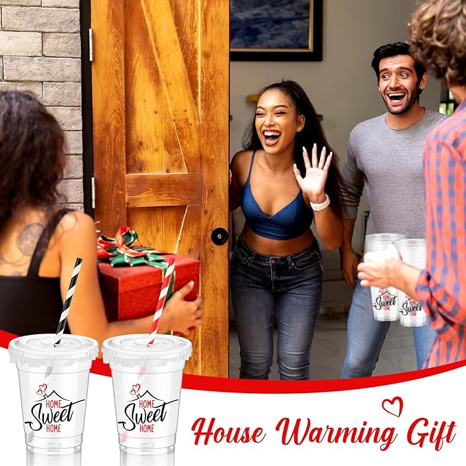 Domensi 50 Sets House Warming Party Supplies Plastic Cup 12 oz Home Sweet Thick Clear Cup Lids Straws Decoration for Welcome Home New House Decoration Supplies