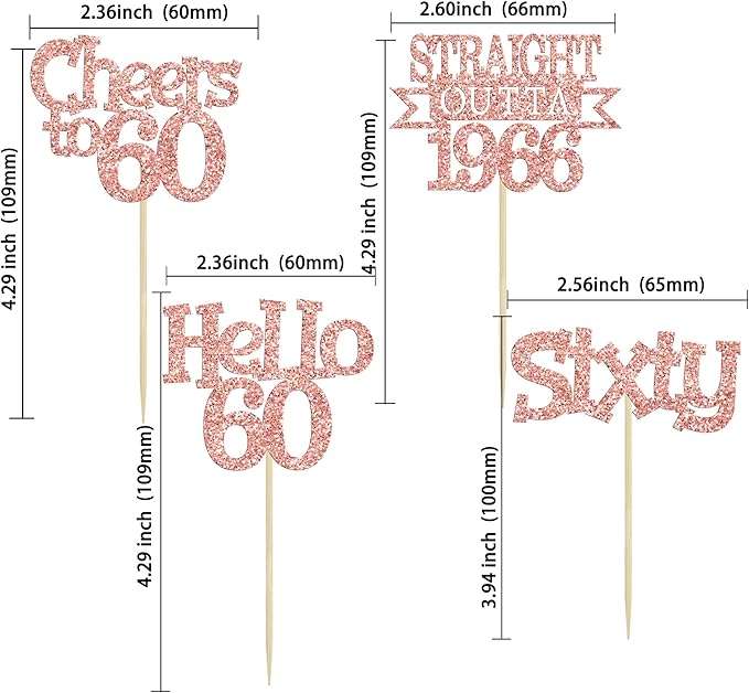 Ephlyn 24Pcs Happy 60th Birthday Cupcake Toppers Glitter Straight Outta 1966 Cupcake Picks Hello 60 Cheers to 60 Years Birthday Cake Decorations for 60th Birthday Anniversary Party Supplies Rose Gold