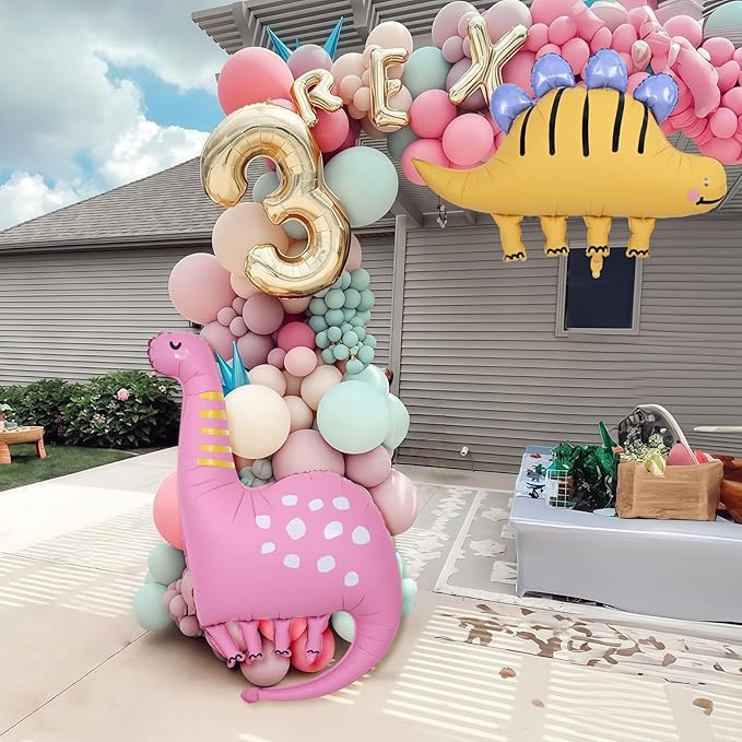 Giant Dinosaur Foil Balloons, 38-43 Inch Big Cute Pink Yellow Dinosaur Helium Inflatable Foil Balloon for Girls 1st 3rd Dino Theme Birthday Baby Shower Kindergarten Jungle Party Decorations Supplies