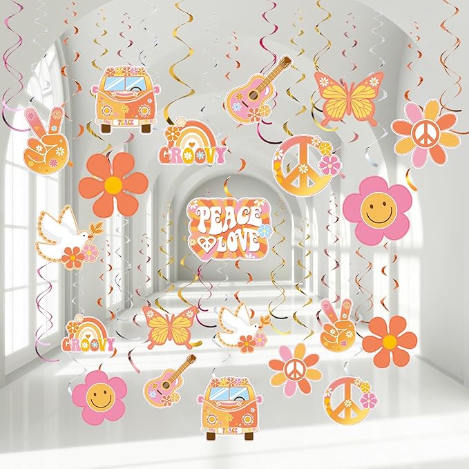60s 70s Hippie Party Decorations Foil Swirl Decorations, 60s 70s Peace Out Sign Groovy Retro Party Retro Flower Cutouts Peace Sign Hanging Swirls Ceiling for Hippie Groovy Birthday, 30 Count(Bright)