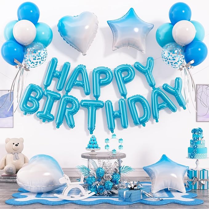 29PC Light Blue Happy Birthday Balloon Banner, 16 Inch 3D Letter Banner Sign, Light Dark Blue White Confetti Balloons 18 Inch Star Heart Foil Balloons for Kids, Men, Boys Party Decorations