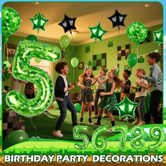 40 Inch Green Pixel Themed Number 5 Balloon Set Foil Balloon for Girls & Boys Birthday Party Decorations, Party Supplies & Favors (Number 5)