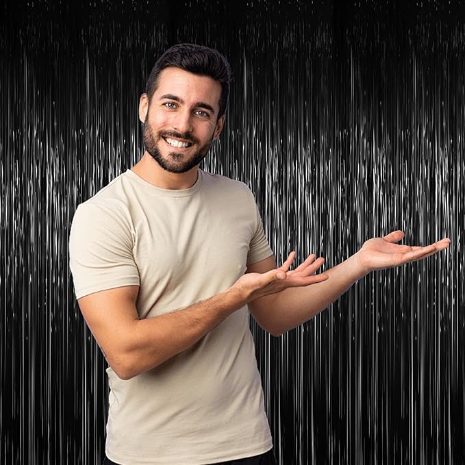 3.3 x 6.6 ft Foil Fringe Backdrop Curtains, Tinsel Streamers Party Decorations, Fringe Backdrop for Birthday, Baby Shower, Gender Reveal, Graduation (6, Black)