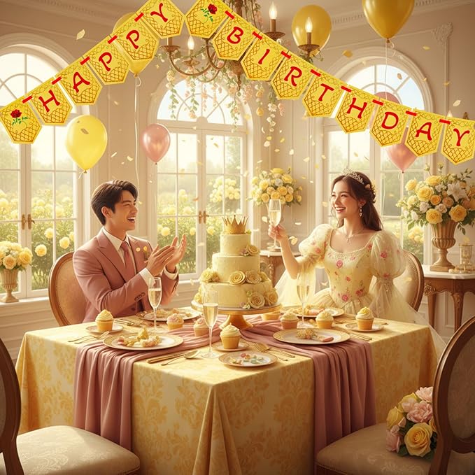 Ctosree Yellow Beauty Princess Party Supplies 8.2ft Happy Birthday Banner Signs Yellow Rose Flag Hanging Bunting Banner Flag for Photo Props Birthday Party Decoration