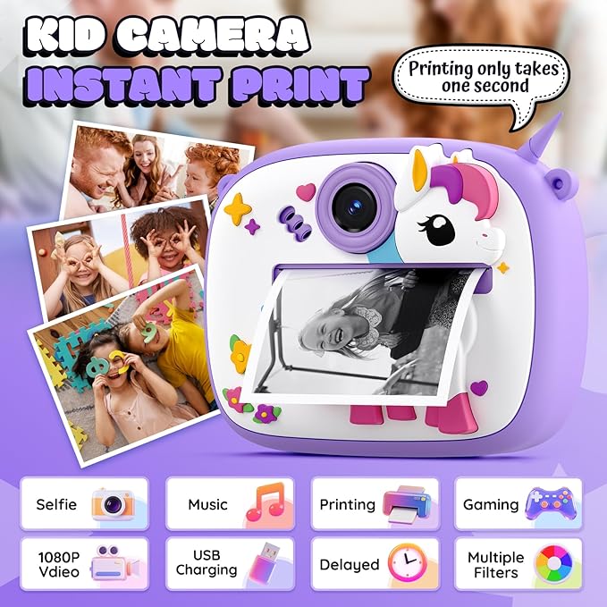 Kids Camera Instant Print, Kids Digital Camera with Photo Printing, Print Paper & 32GB Card, Kids Print Camera Birthday Gifts for Girls Boys 3 4 5 6 7 8 9 10 Year Old