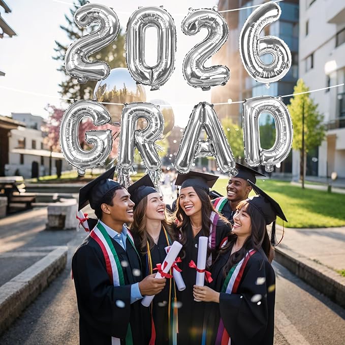 Silver 2026 GRAD Foil Balloons, 16 Inch Metallic Silver Grad Congrats Balloons Banner for Graduation Decorations 2026, College High School Class of 2026 Graduate Congratulations Party Decor Supplies