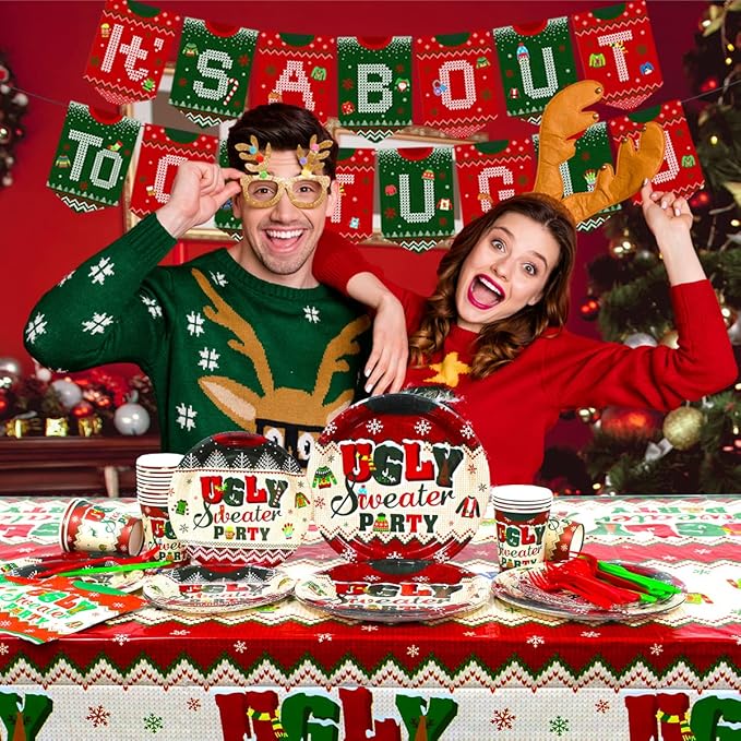 Ugly Sweater Party Decorations-142Pcs Christmas Plates Set for 20 Guests, It's About to Get Ugly Christmas Tableware Supplies